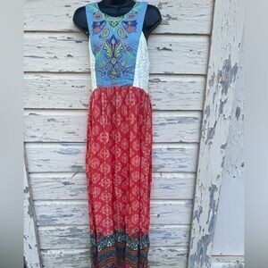 Flying Tomato Embroidered Mixed Media Summer BoHo Beachy Festival Maxi Dress L